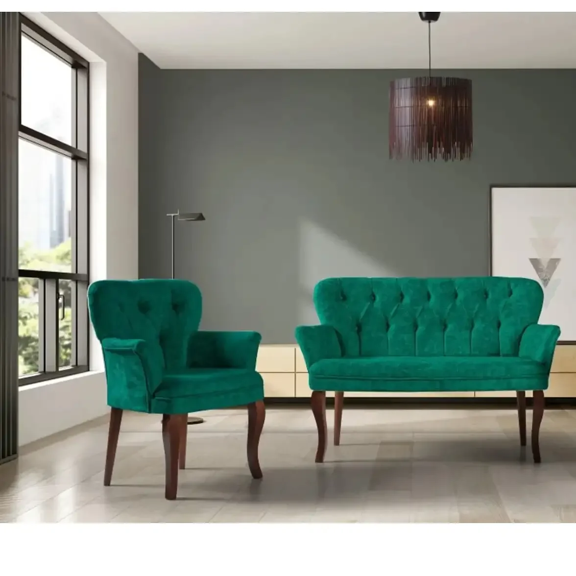 Set Canapea 2 Locuri Cu 1 Fotoliu, Cafe, Verde