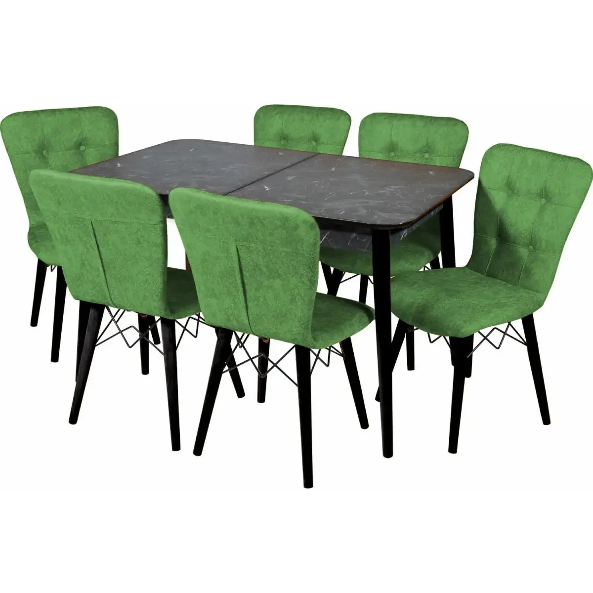Set Masa Extensibila Cu 6 Scaune Tapitate Homs Cristal Negru-Verde 170 x 80 cm