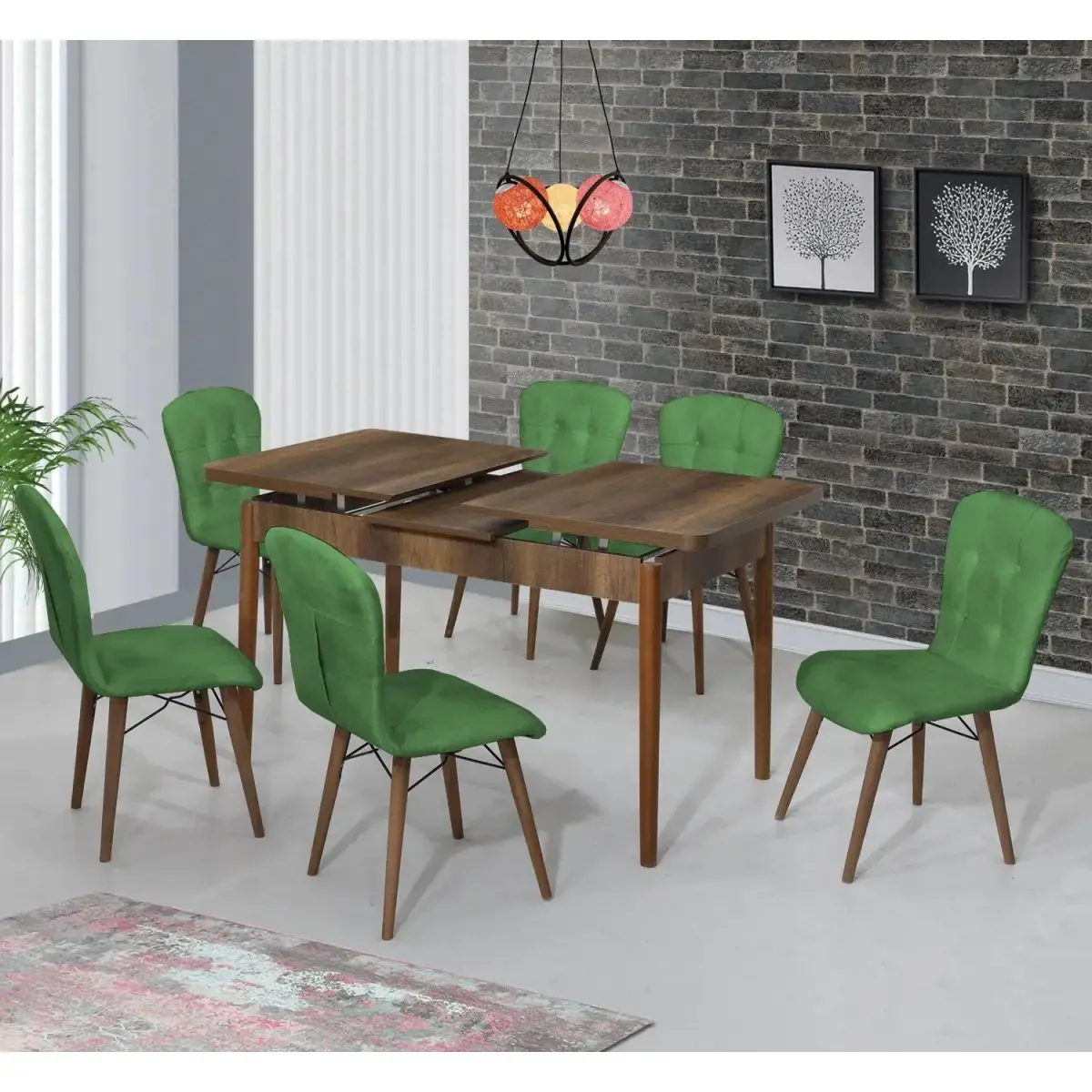 Set Masa Extensibila Cu 6 Scaune Tapitate Homs Cristal Nuc-Verde 170 x 80 cm