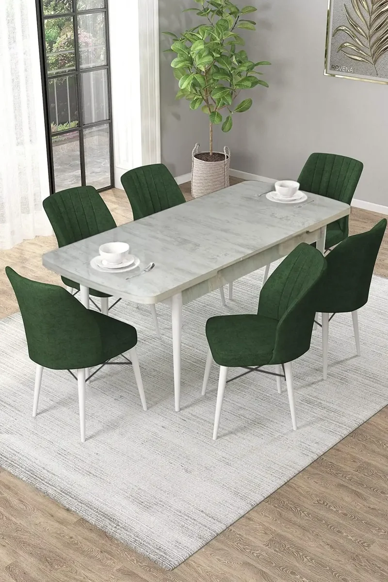 Set Masa Extensibila cu 6 Scaune Tapitate Homs Cargold 250-30050 Alb-Verde, 170 x 80 cm