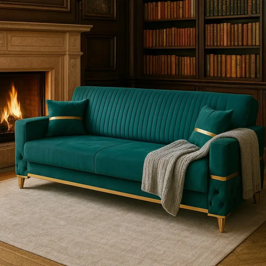 Canapea Extensibila Cu Lada De Depozitare 220x90x97 Cm – Stofa Verde, Detalii Aurii – Vegas