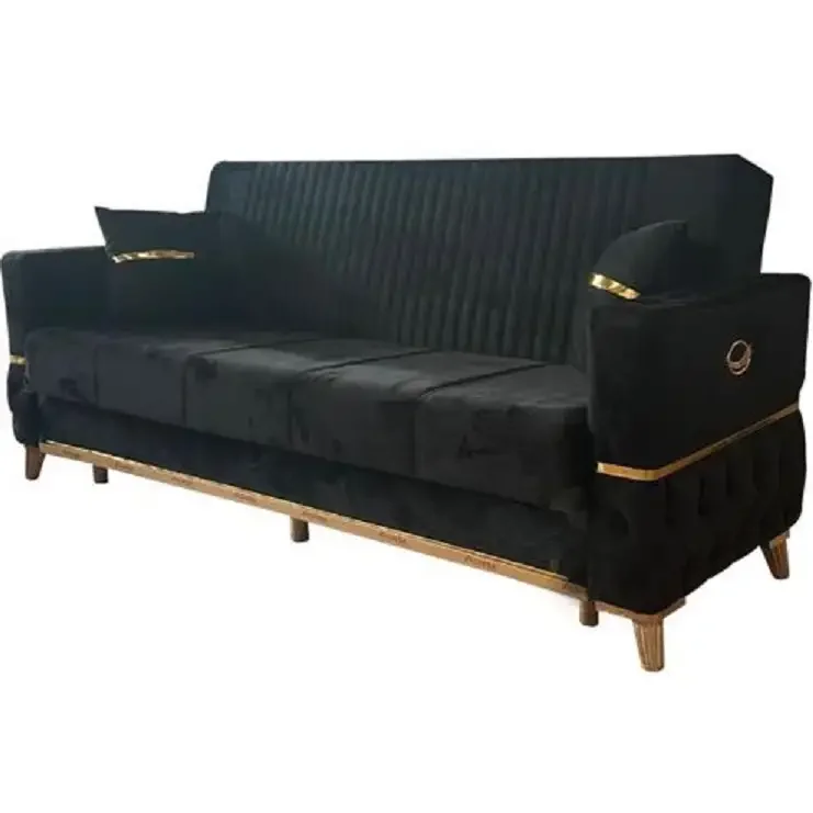 Canapea Extensibila Cu Lada De Depozitare 220x90x97 Cm – Stofa Neagra, Detalii Aurii – Vegas