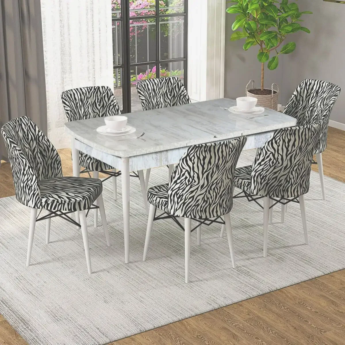 Set Masa Extensibila cu 6 Scaune Tapitate Homs, Masa M Bej, Zebra 250-30600, 170 x 80 cm