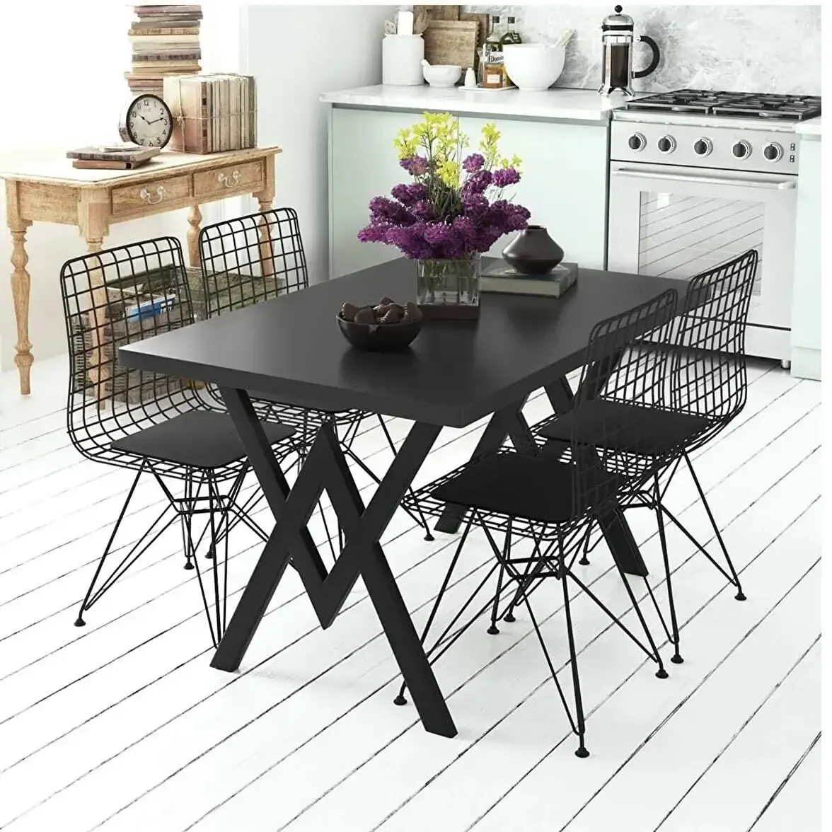 Set Masa Bucatarie cu 4 Scaune, Negru, 120x80x75 cm, 30050SET