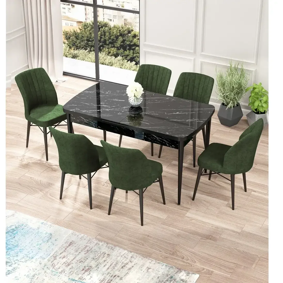 Set Masa Extensibila cu 6 Scaune Tapitate Homs Cargold 250-30050 Negru-VERDE, 170 x 80 cm
