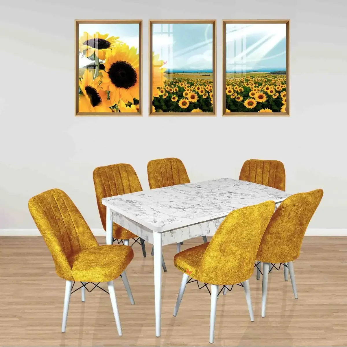 Set Masa Extensibila cu 6 Scaune Tapitate Homs Cargold 250-30050 Bejmarmurat-Mustar, 170 x 80 cm