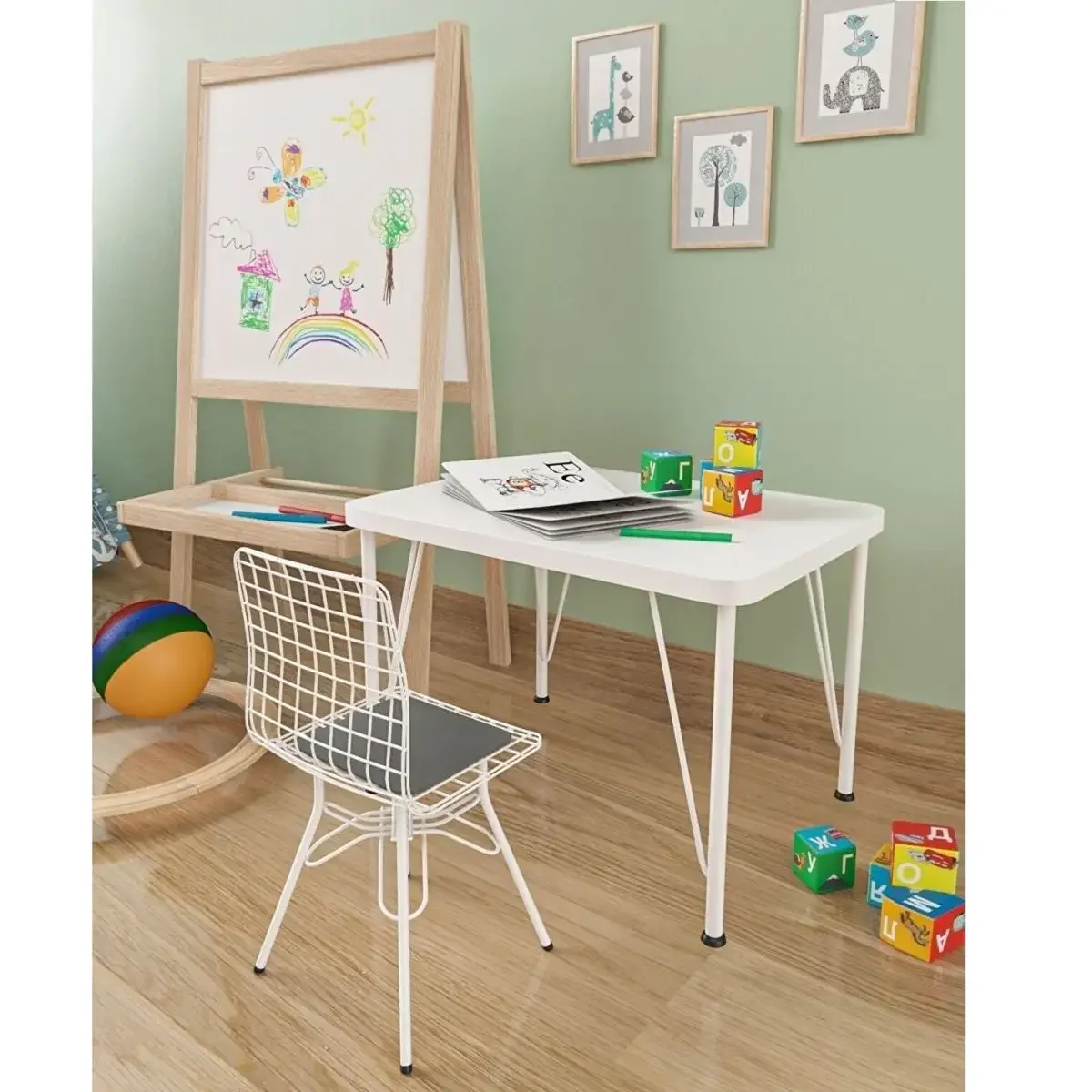 Set Masuta + 1 Scaun 64×48×50 cm – PAL Alb/Natur – Baby