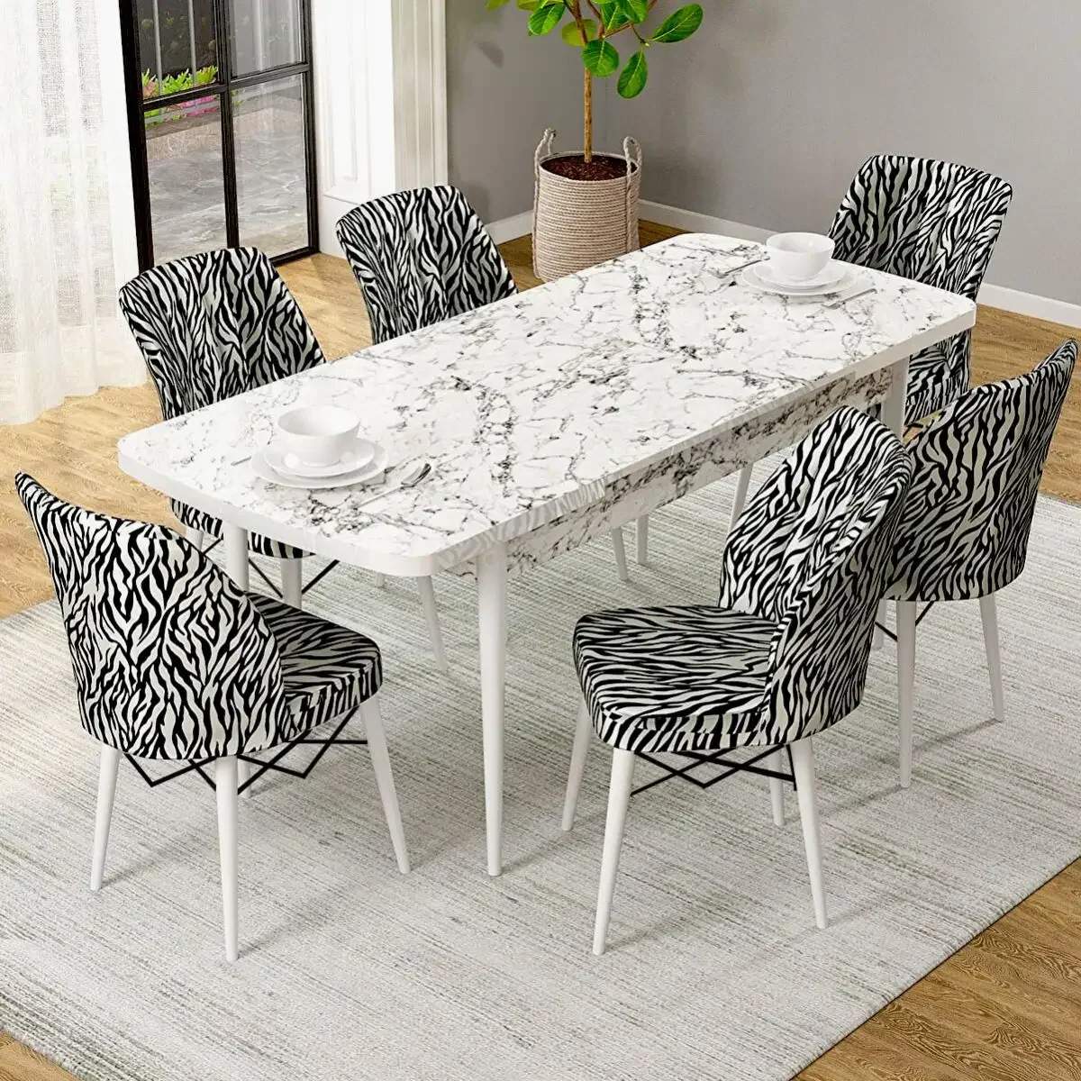 Set Masa Extensibila Cu 6 Scaune Tapitate Homs, Masa M Bej, Zebra 250-30650, 170 x 80 cm