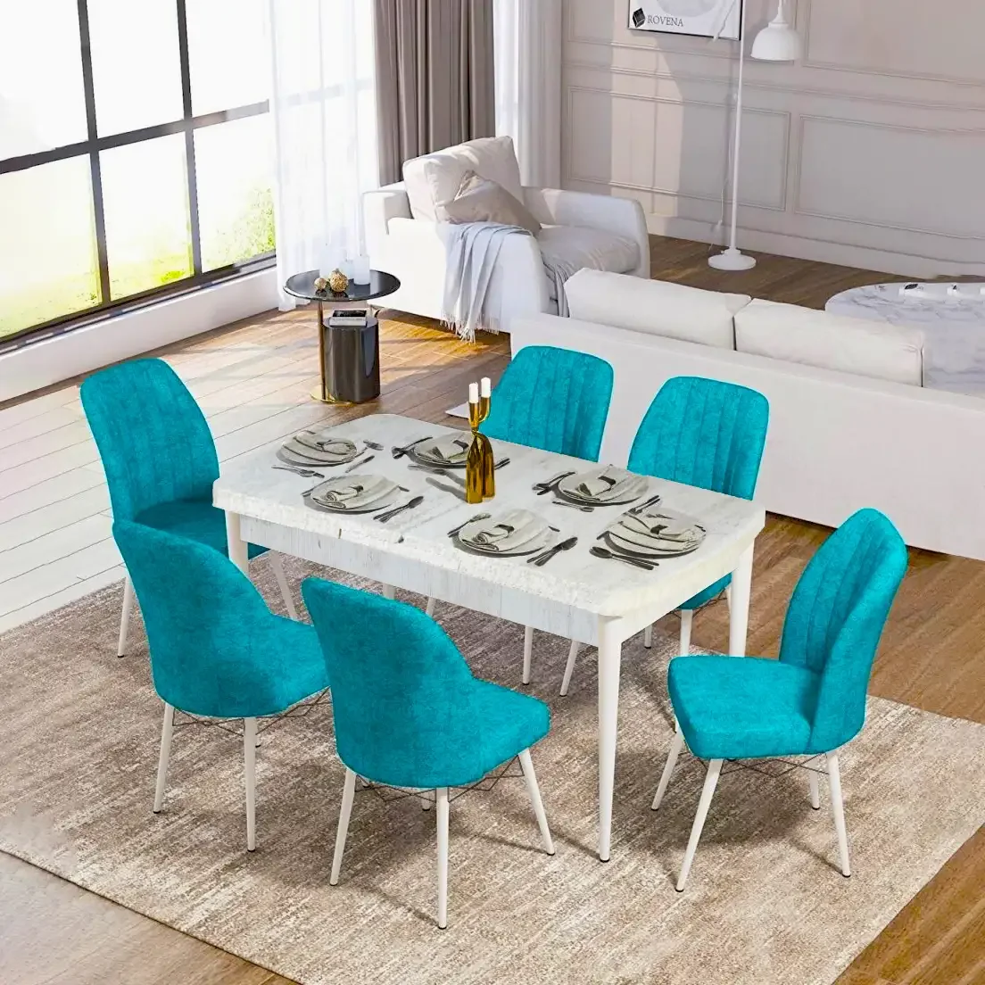 Set Masa Extensibila cu 6 Scaune Tapitate Homs Cargold 250-30355, Turcoaz, 170 x 80 cm