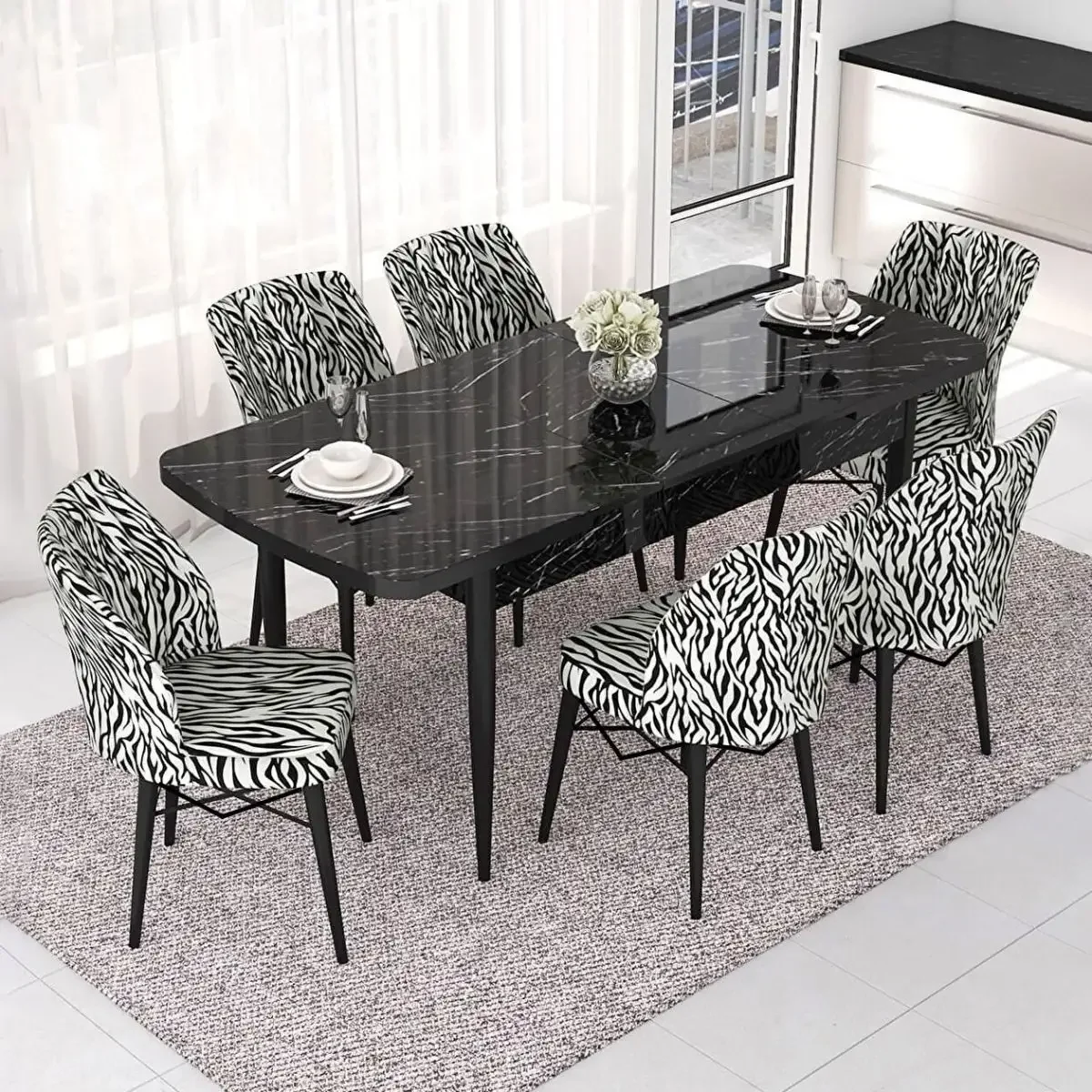 Set Masa Extensibila Cu 6 Scaune Tapitate Homs Zebra 250-300355, 170 x 80 cm