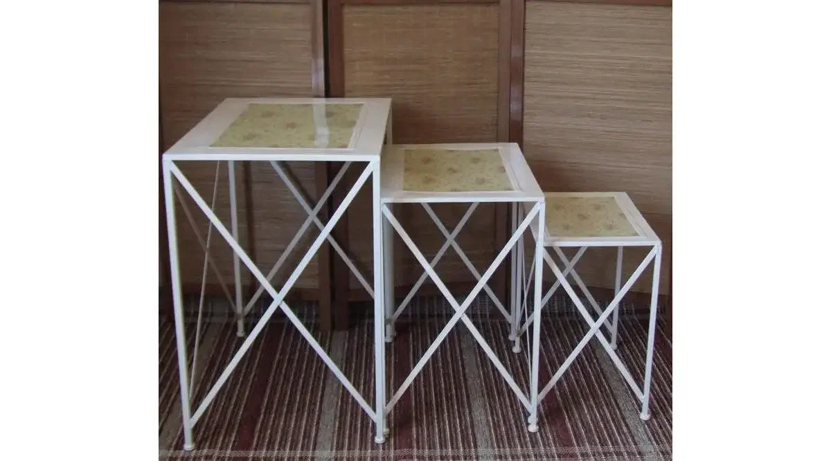 Set 3 Masute Metal Talia Homs, Alb, Flower