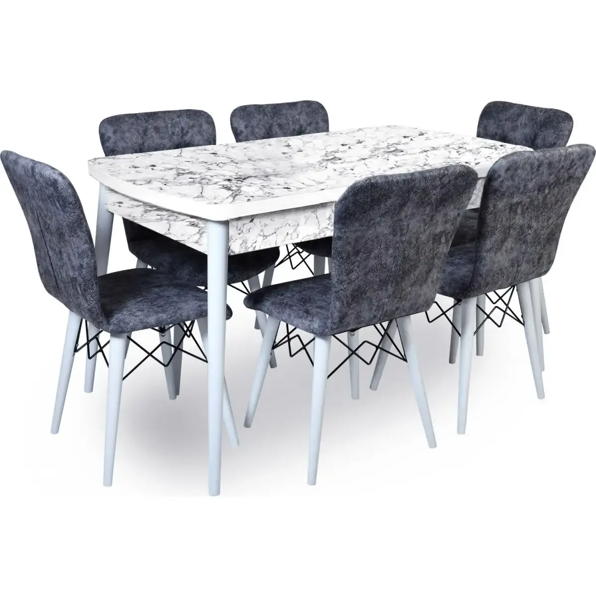 Set Masa Extensibila Cu 6 Scaune Tapitate Homs Cristal Bej-Gri-Picior-Alb-170 x 80 cm