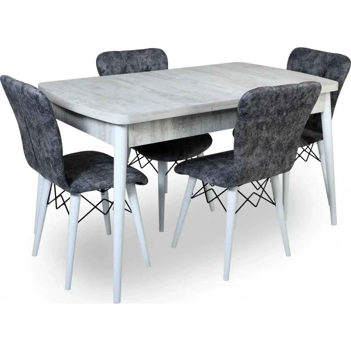 Set Masa Extensibila cu 4 Scaune Tapitate Homs Cristal Bej-Gri-Picior-Alb-170 x 80 cm