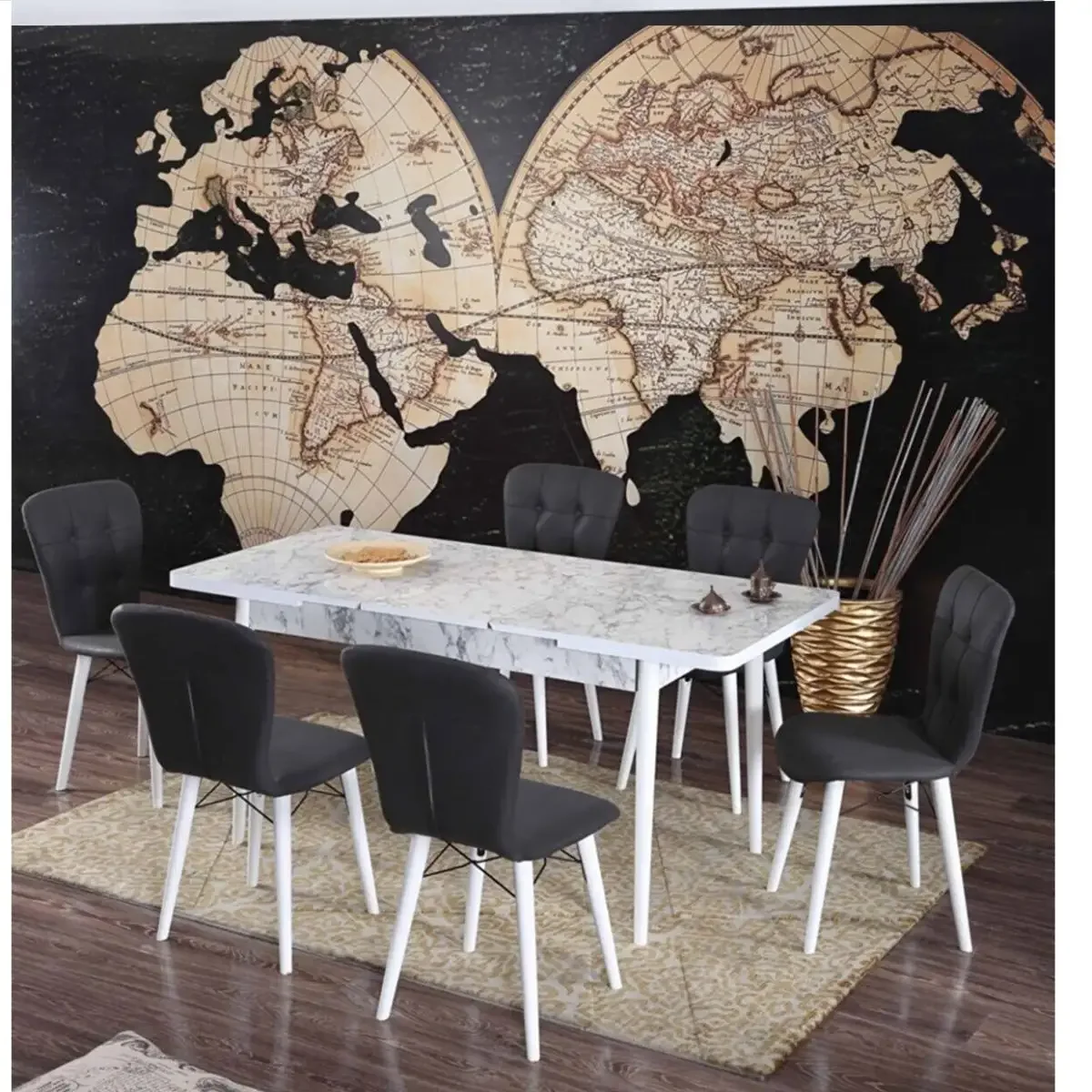 Set Masa Extensibila Cu 6 Scaune Tapitate Homs Marmorat Alb 250-30650 Bej-Negru 170 x 80 cm