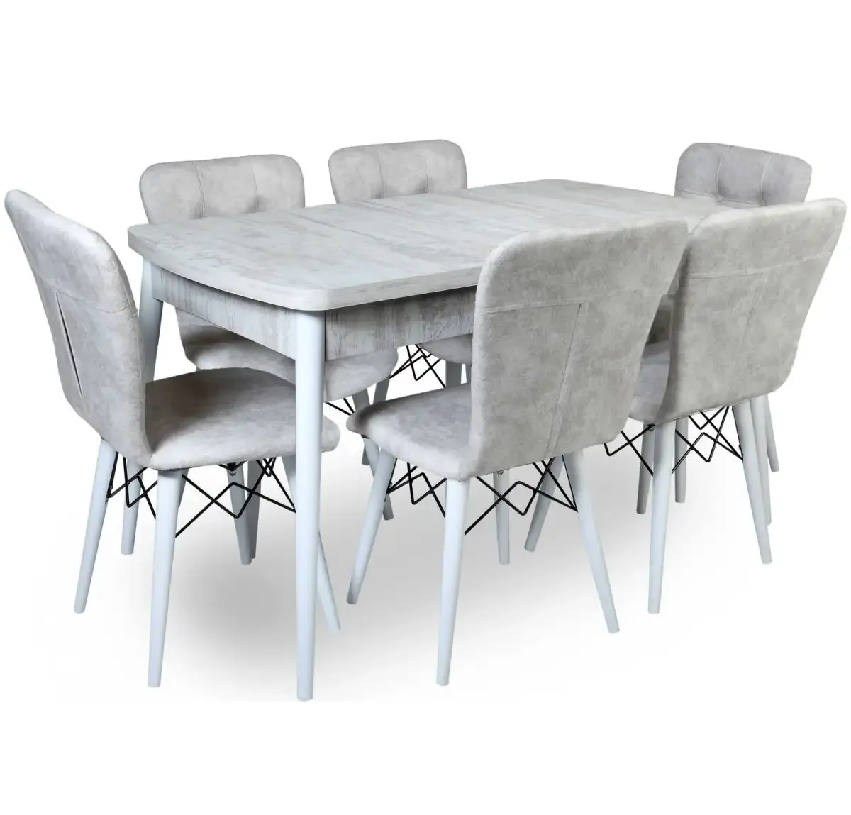 Set Masa Extensibila cu 6 Scaune Tapitate Homs Cristal Bej-Picior-Alb-170 x 80 cm