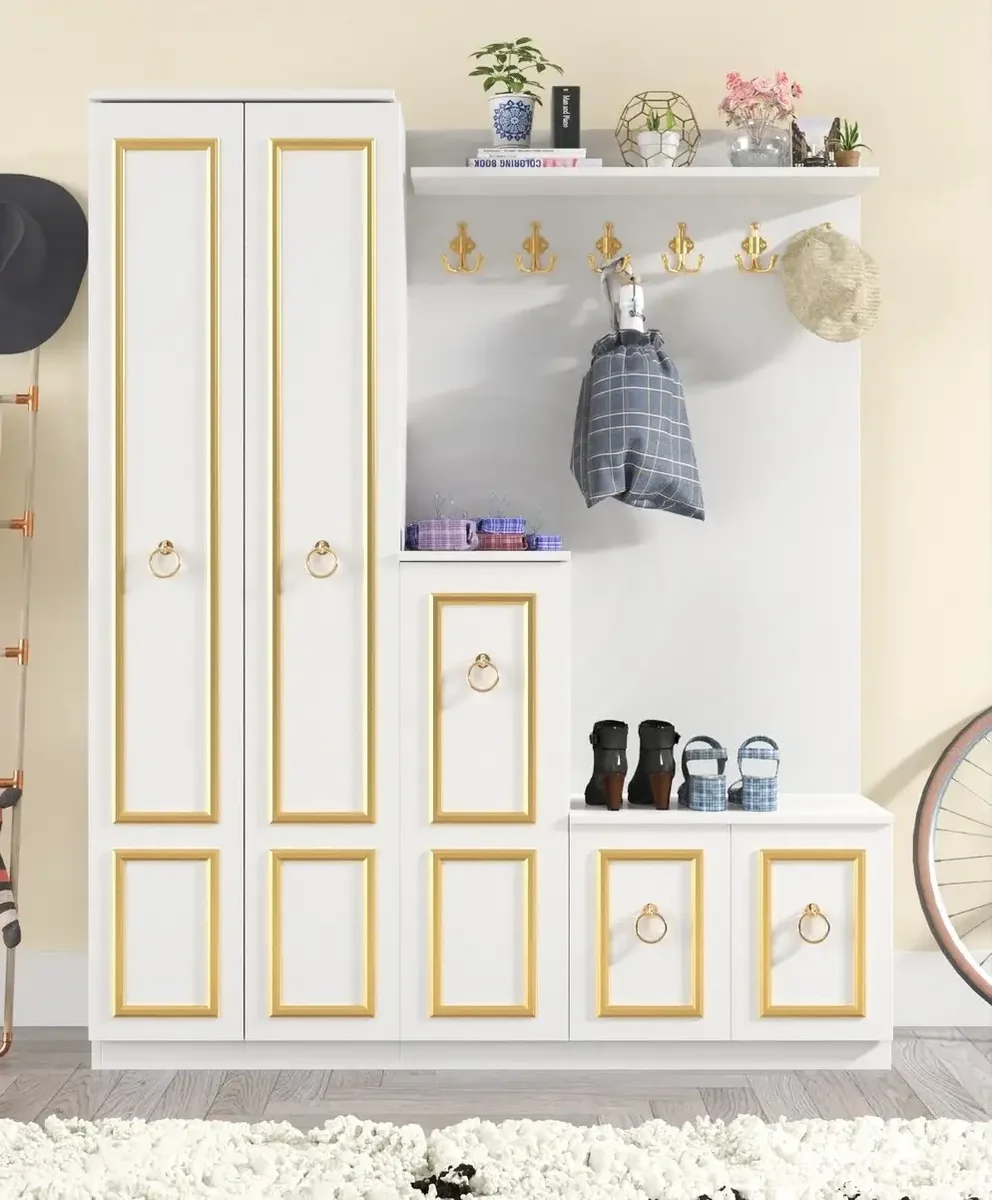 Cuier Hol cu Pantofar Alb -Auriu, Vera Homs 183 x 35 x 150 cm