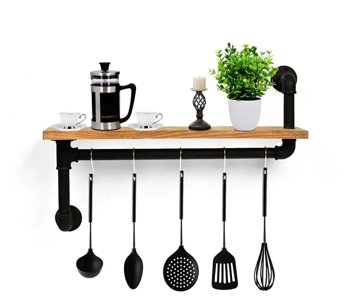 Raft Stil Industrial cu Agatatori Bucatarie Homs 50x12 Nuc-Negru