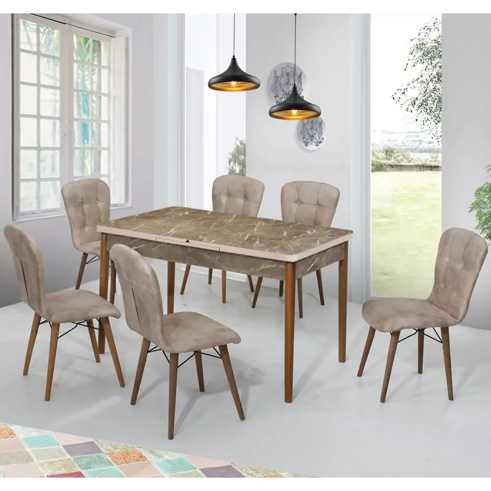Set Masa Extensibila cu 6 Scaune Tapitate HOMS Marmura/Bej 170 x 80 cm Picioare Lemn