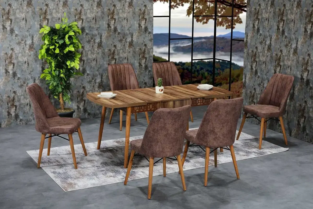 Set Masa Extensibila Cu 6 Scaune Tapitate Homs Cargold 250-30049 Nuc-Maro 170 x 80 cm