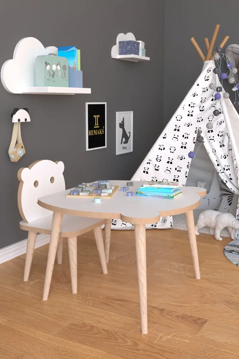 Set Masa + 1 Scaun Copii – PAL Alb, Panda