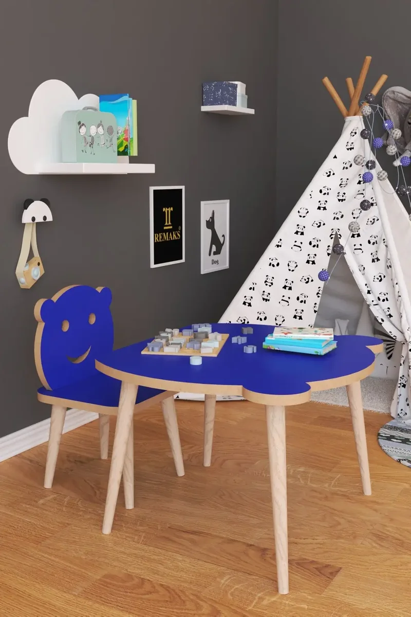 Set Masa + 1 Scaun Copii – PAL Albastru, Panda