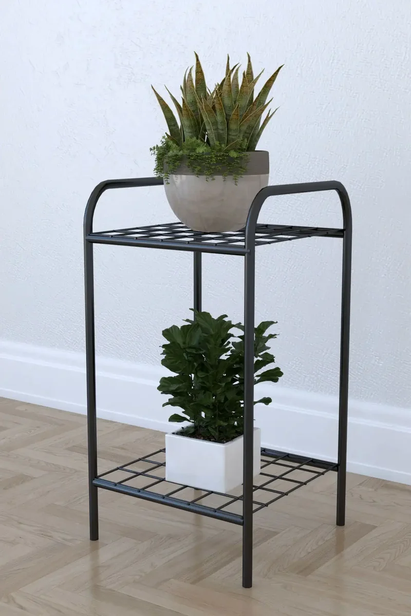 Etajera Metal pentru Flori 2 Rafturi Decor Homs 33 x 60 x 31 cm, Negru