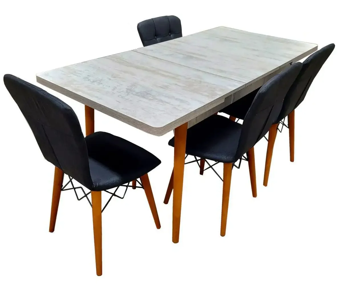 Set Masa Extensibila Cu 4 Scaune Tapitate Homs Cristal Alb-Negru 110 x 70 cm