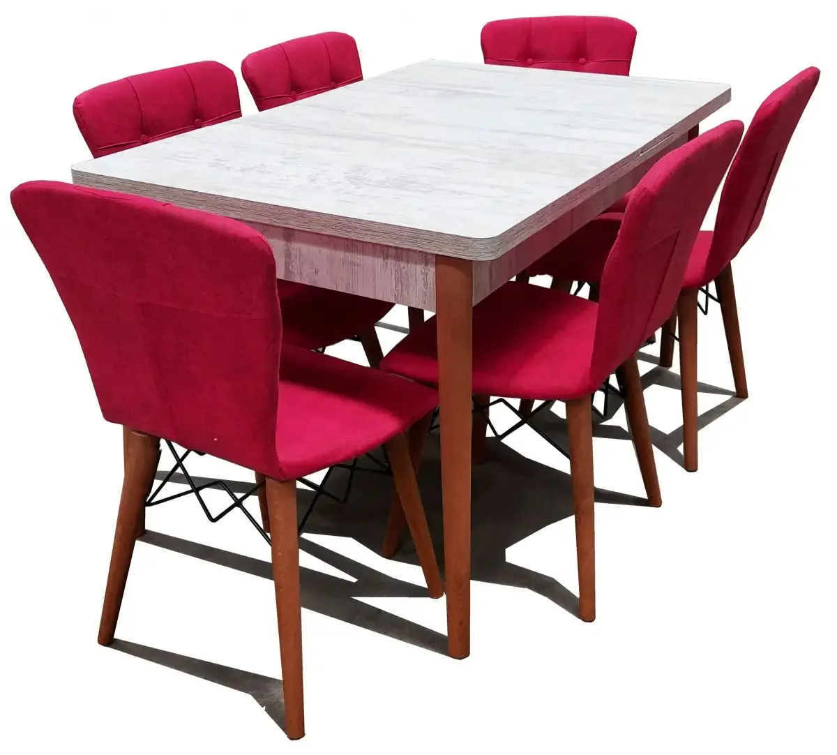 Set Masa Extensibila cu 6 Scaune Tapitate Homs Cristal Alb-Rosu 170 x 80 cm