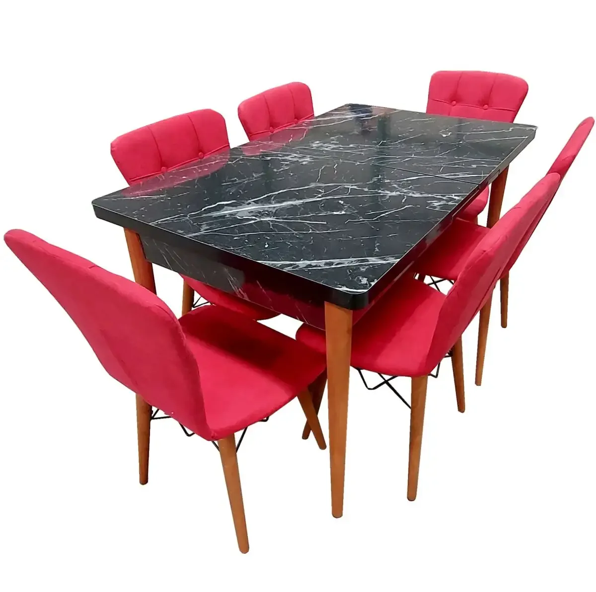 Set Masa Extensibila cu 6 Scaune Tapitate Homs Cristal Negru-Rosu 170 x 80 cm