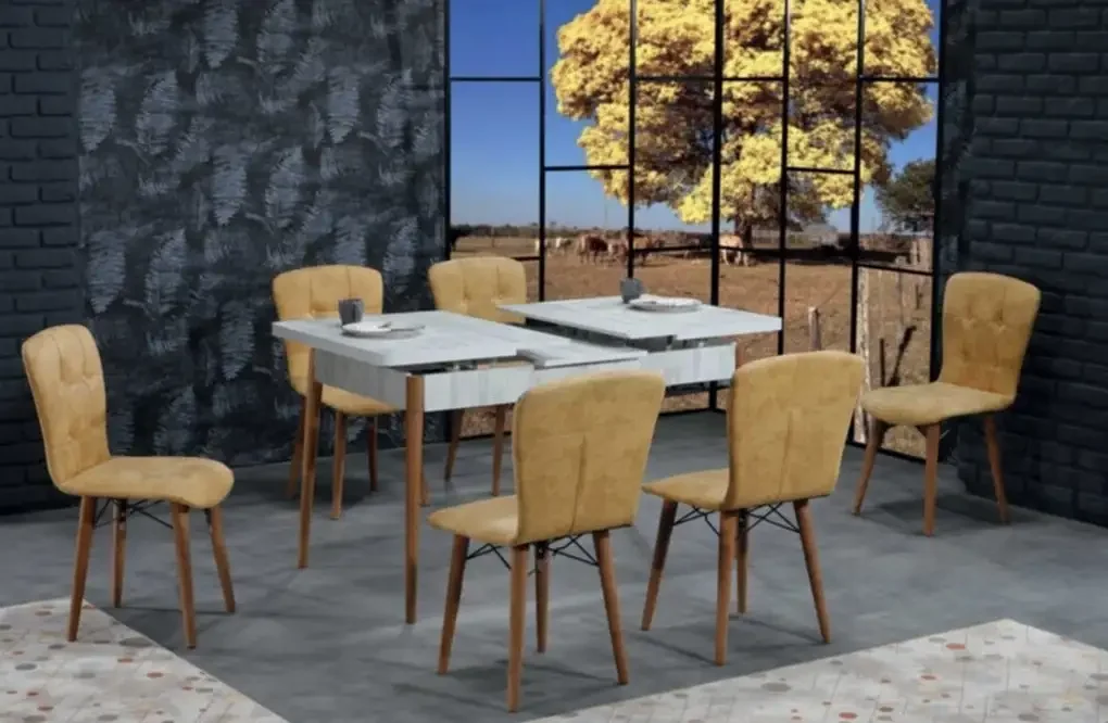 Set Masa Extensibila cu 6 Scaune Tapitate Homs Cristal Alb-Mustar 170 x 80 cm