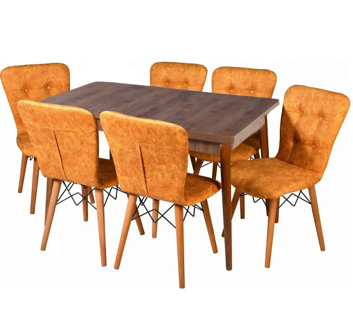 Set Masa Extensibila cu 6 Scaune Tapitate Homs Cristal Nuc-Mustar 170 x 80 cm