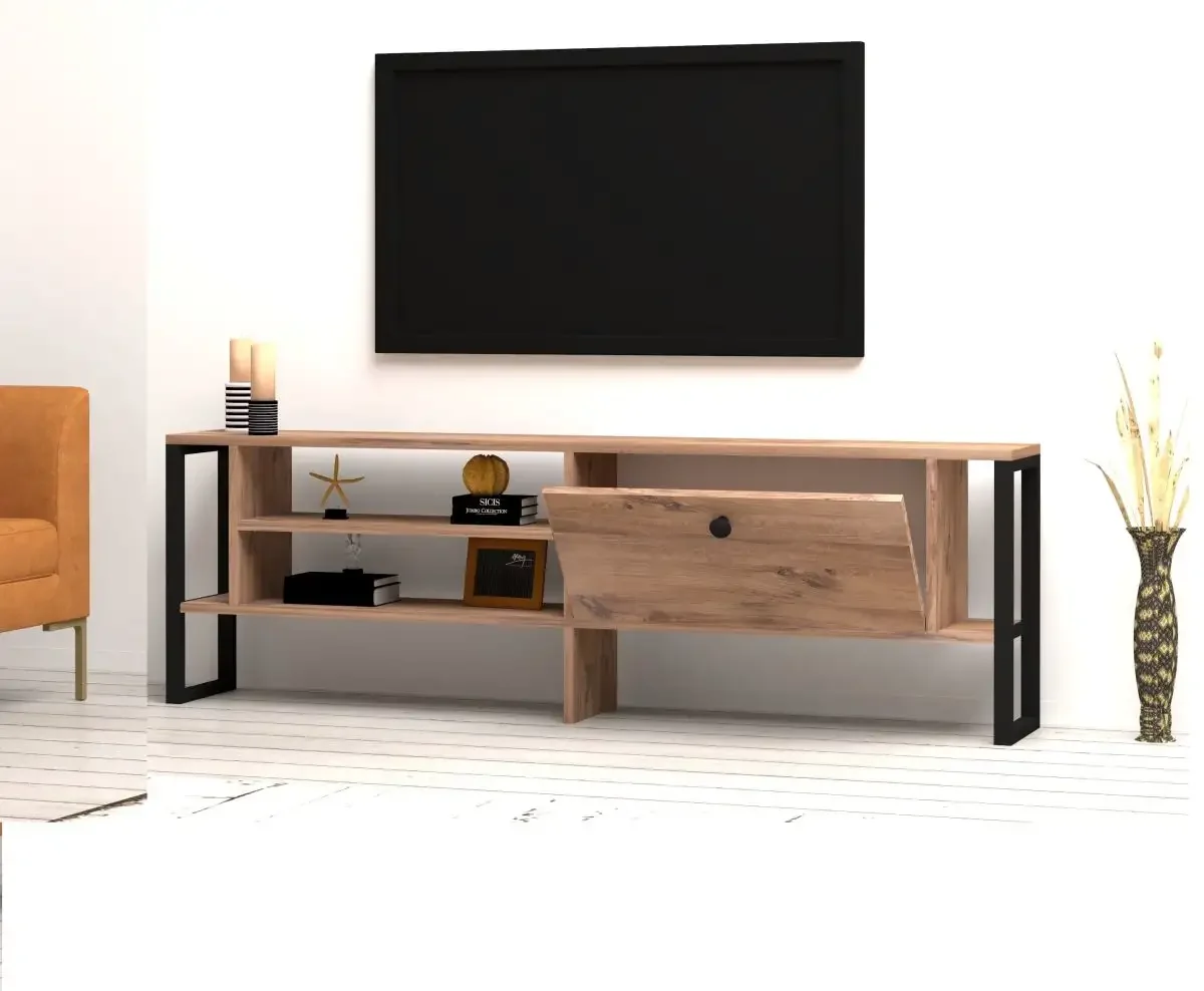 Comoda TV cu Picioare Metal Ares Homs 160 cm, Nuc-Negru, 10629