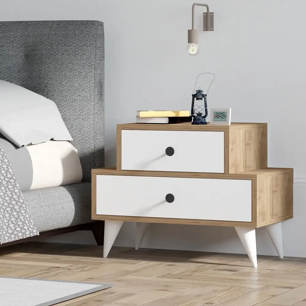 Noptiera Maura cu 2 Sertar Alb si Nuc, 63 cm
