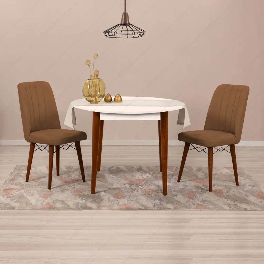 Set Masa Rotunda cu 2 Scaune Bucatarie Brigitte, Alb si Maro