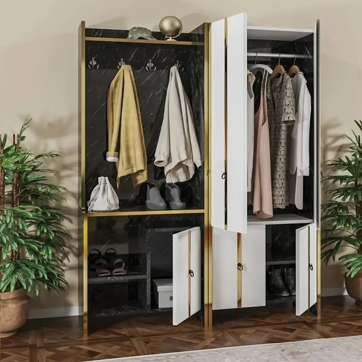 Cuier Hol cu Pantofar Alb -Auriu-Negru, Homs 181 x 35 x 138 cm, 31006