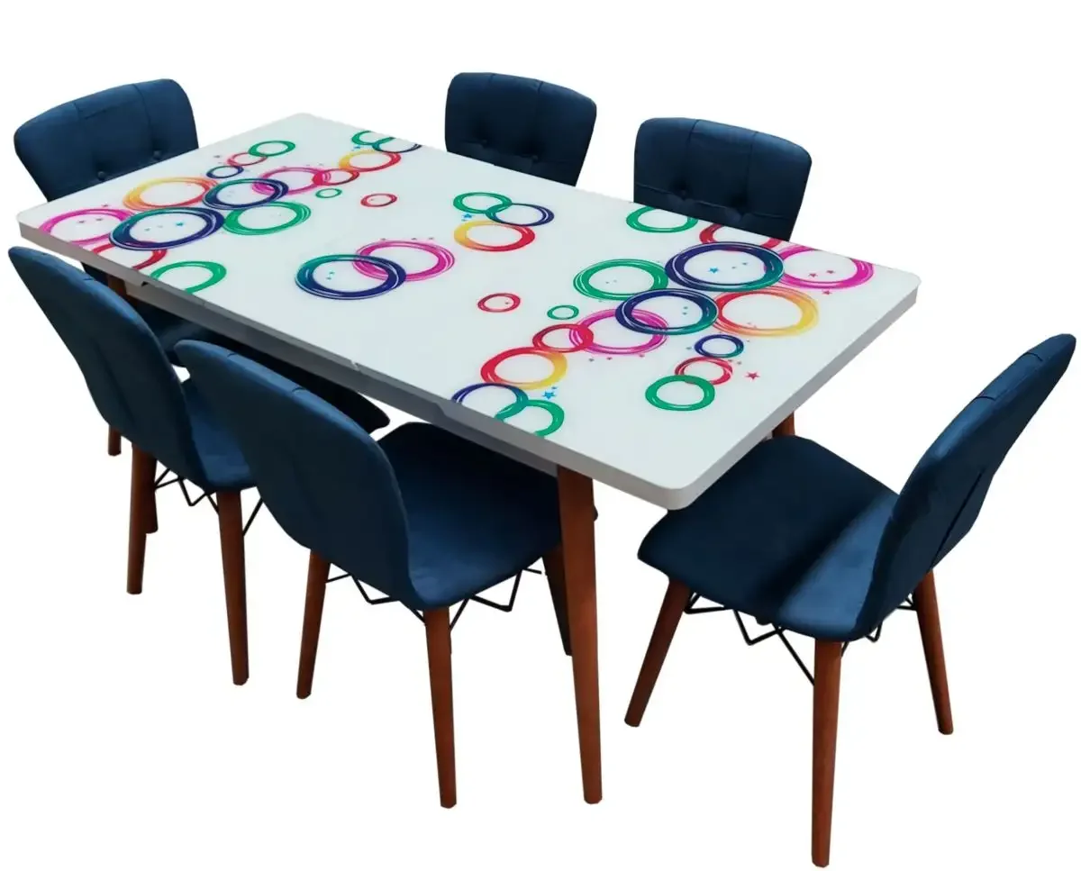 Set Masa Extensibila Picioare Lemn, Blat Sticla Securizata +6 Scaune Tapitate Fusion Homs Albastru 80x 170 cm