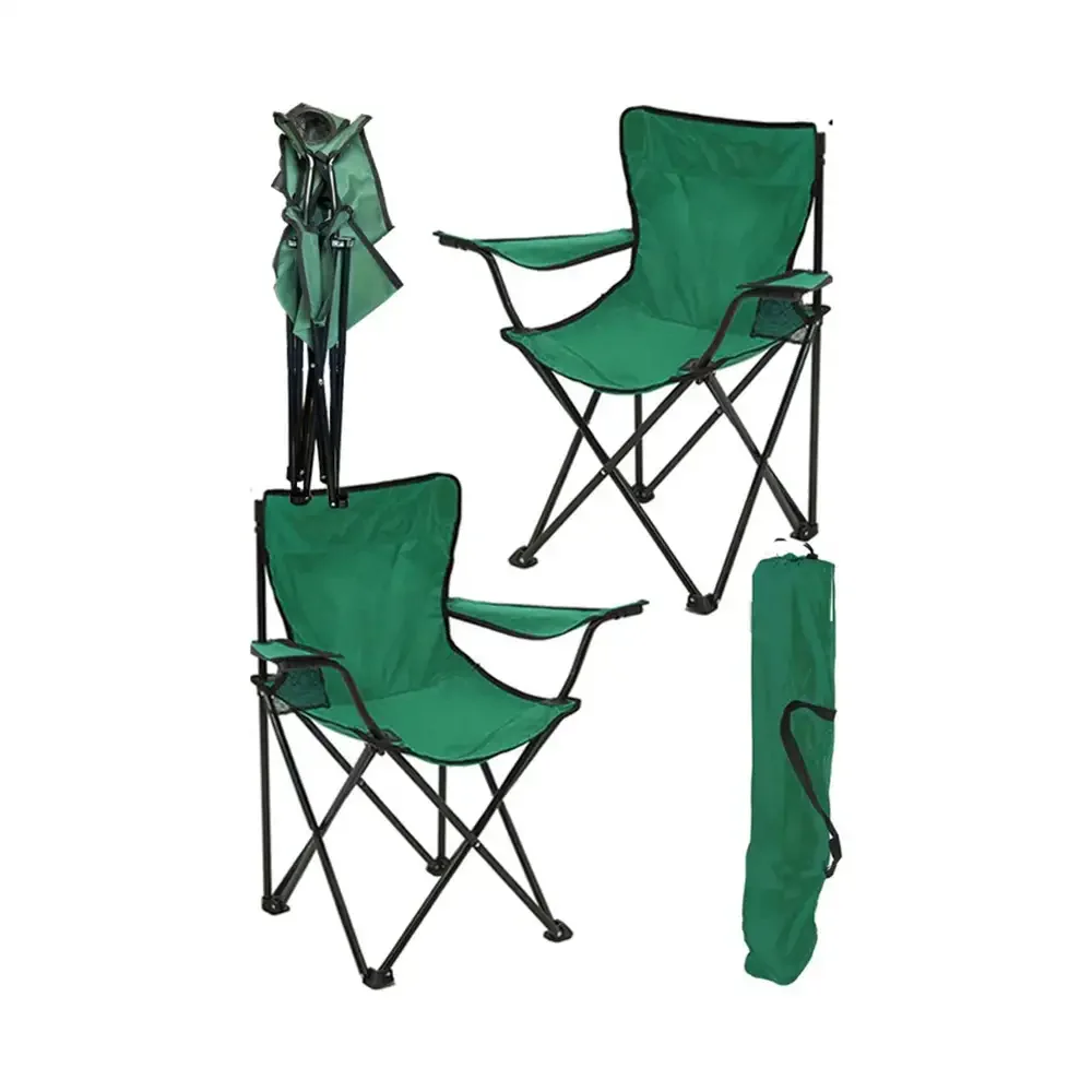 Set 2 Scaun Pliabil cu Cotiera si Suport, pentru Camping, Gradina, Verde
