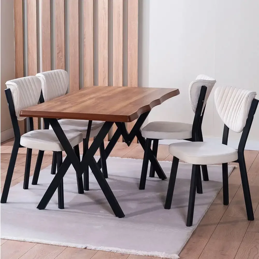 Set Masa de Bucatarie Barton din MDF cu 4 Scaune din Metal, Nuc si Bej, 140 cm