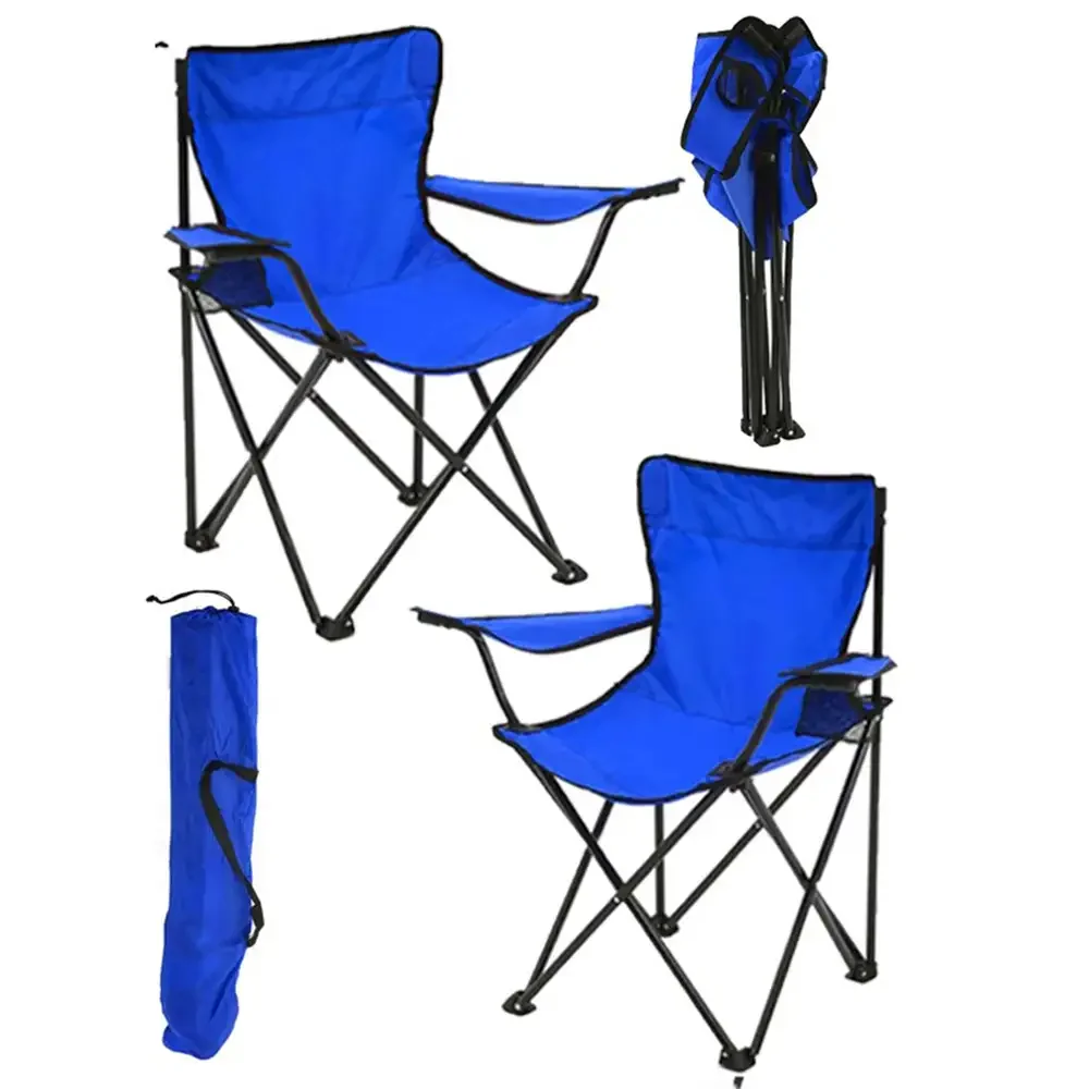 Set 2 Scaune Pliabile cu Cotiere și Suport, Pentru Camping sau Grădină, Albastru