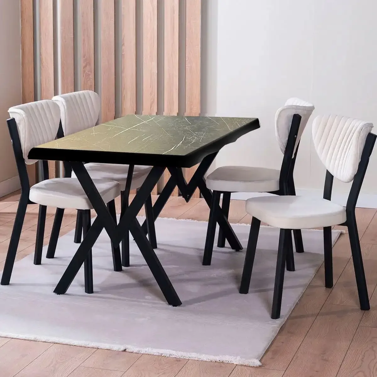 Set Masa Barton Din MDF Cu 4 Scaune Din Metal, Culoare Negru Si Bej, 140 Cm