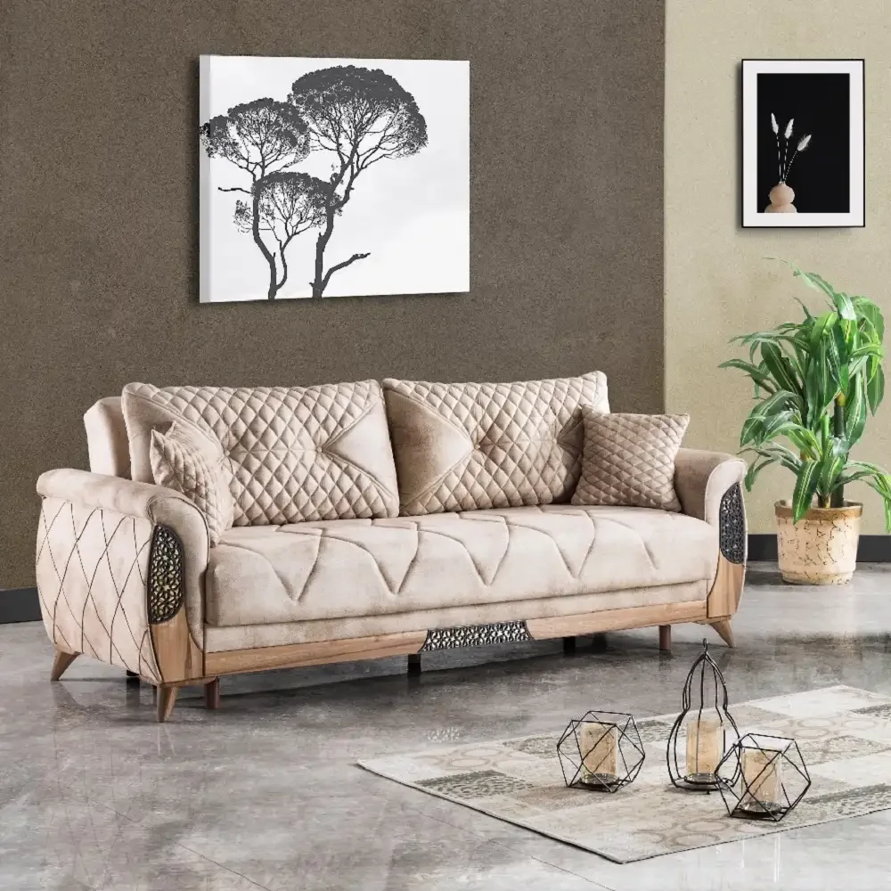 Canapea Extensibila 3 Locuri Cu Lada 229x94x90 Cm – Stofa Bej – Peru