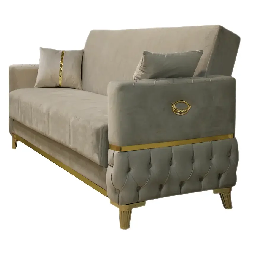 Canapea Extensibila Cu Lada De Depozitare 220x90x97 Cm – Stofa Bej, Insertii Aurii – Vegas