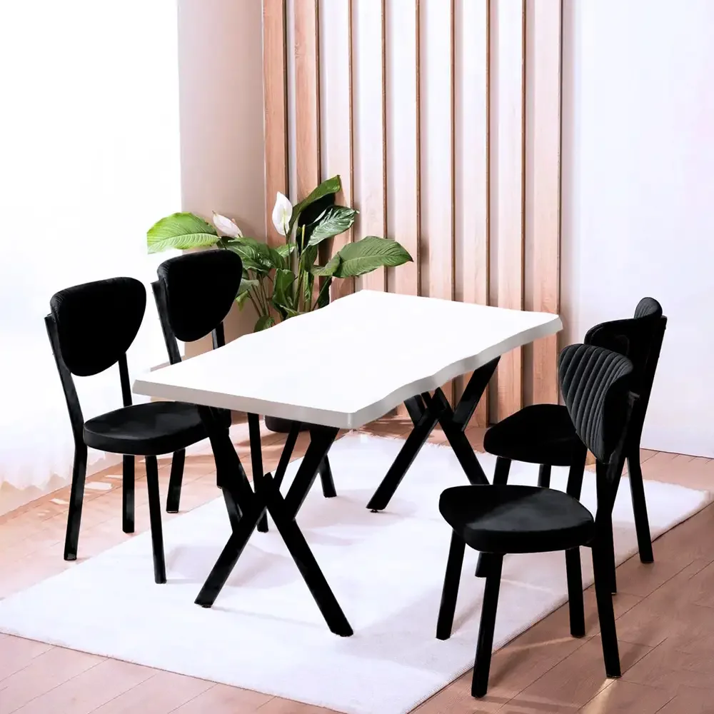 Set Masa Barton din MDF cu 4 Scaune din Metal, Alb si Negru, 140 cm