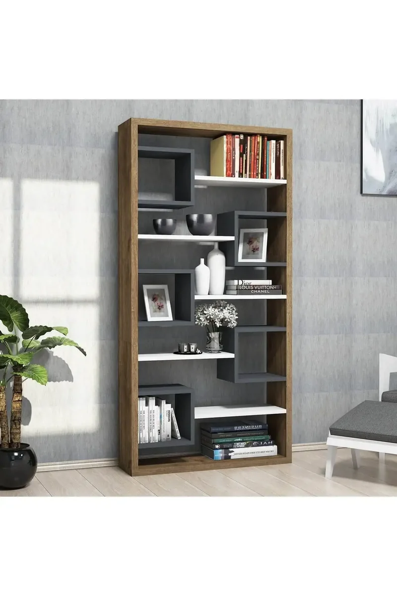 Biblioteca/Etajera Carti, Hamdo Homs, Alb/Nuc/Gri Antracit, 160 x 80 x 22 cm, PAL