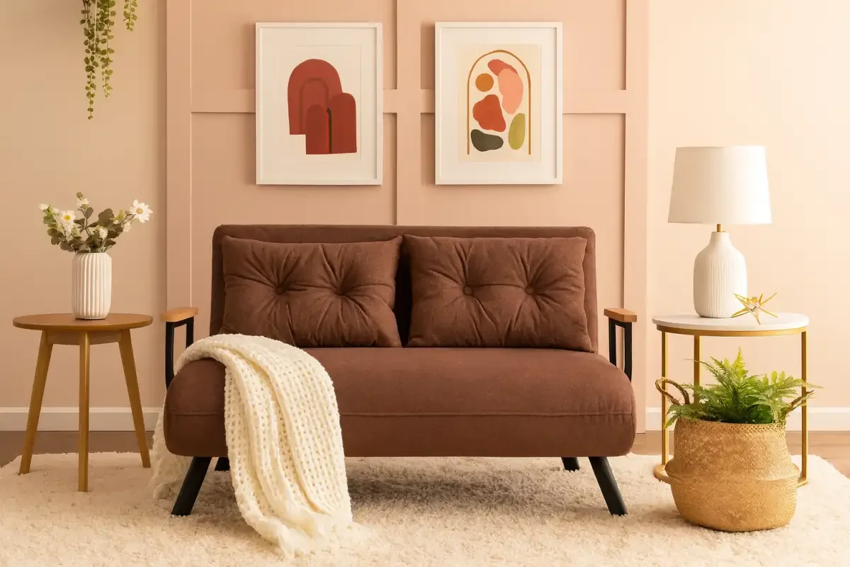 Canapea Extensibilă 2 Locuri Living 133x175 cm – Stofă, Nuanța Maro – Seda