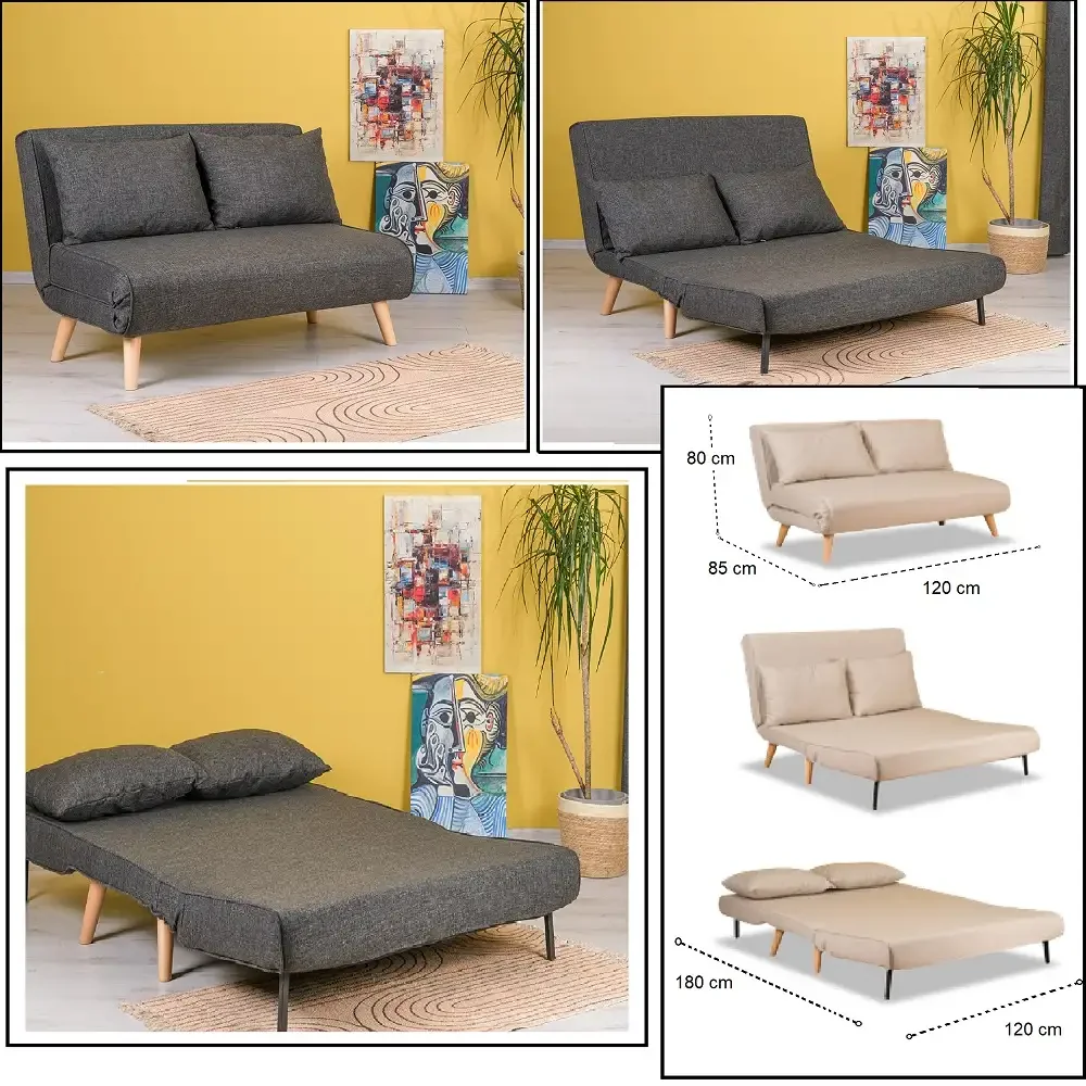 Canapea Extensibilă 2 Locuri Modernă 120x85x80 cm – Stofă, Bej-Gri – Sidney