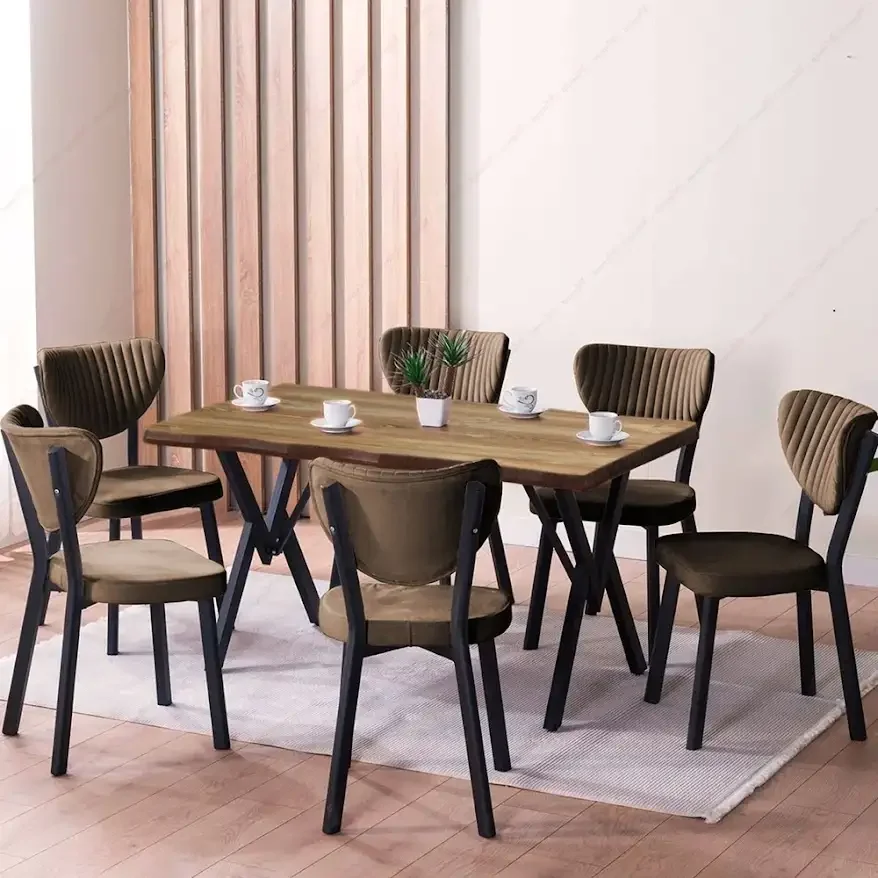 Set Masa Barton din MDF cu 6 Scaune din Metal, Culaore Nuc si Maro, 140 cm