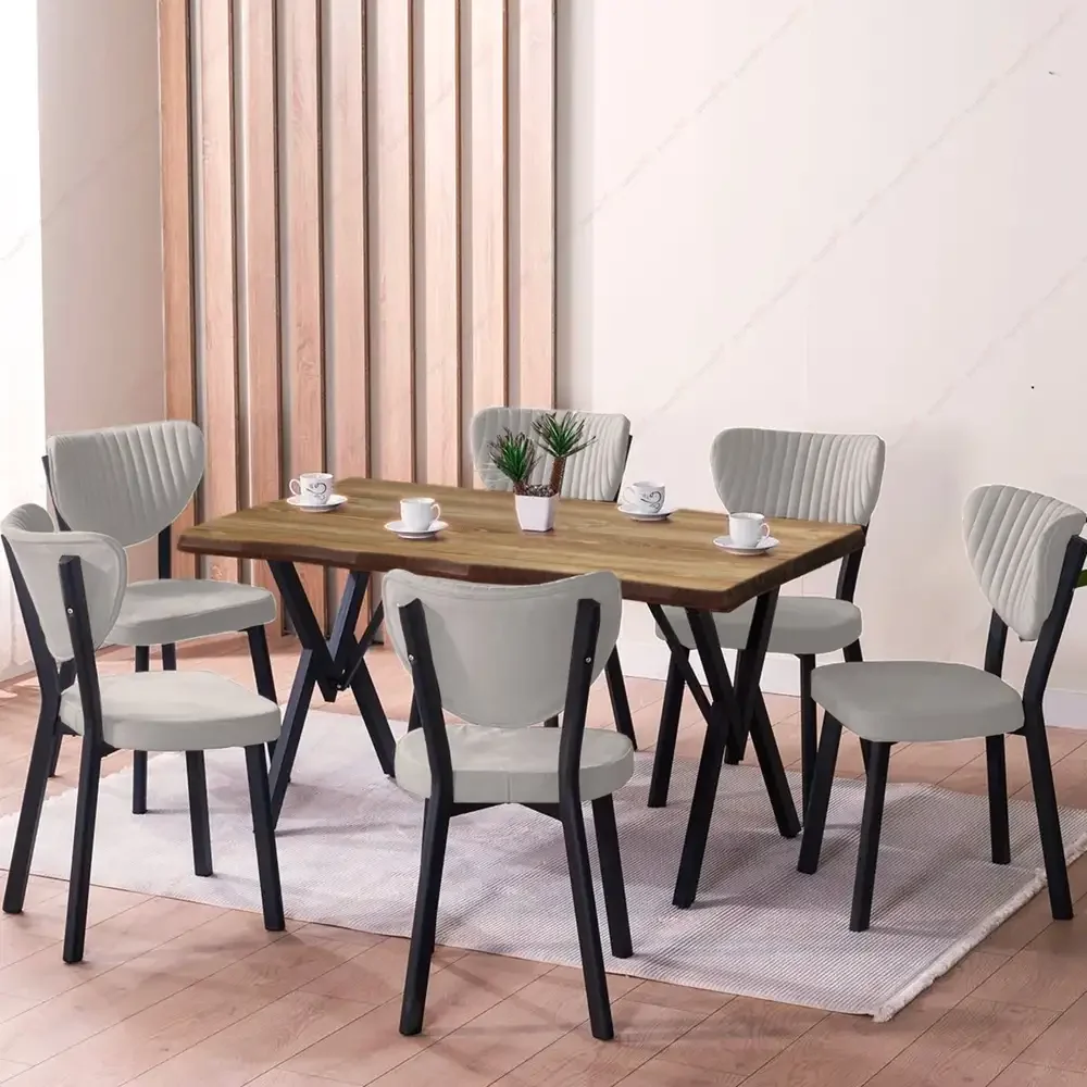 Set Masa Barton din MDF cu 6 Scaune din Metal, Culaore Nuc si Crem, 140 cm