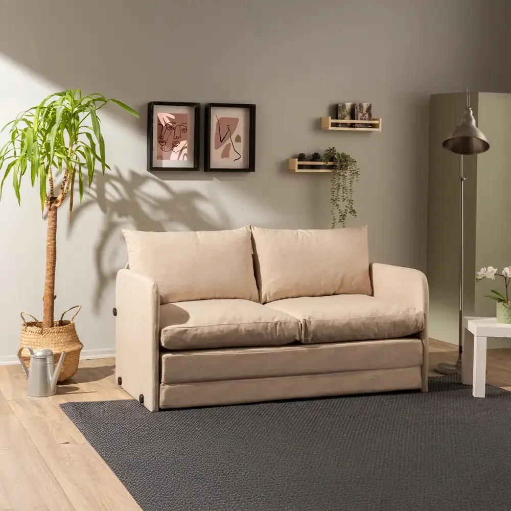 Canapea Extensibila 2 Locuri Moderna, 200x148 cm – Stofa Bej – Saga