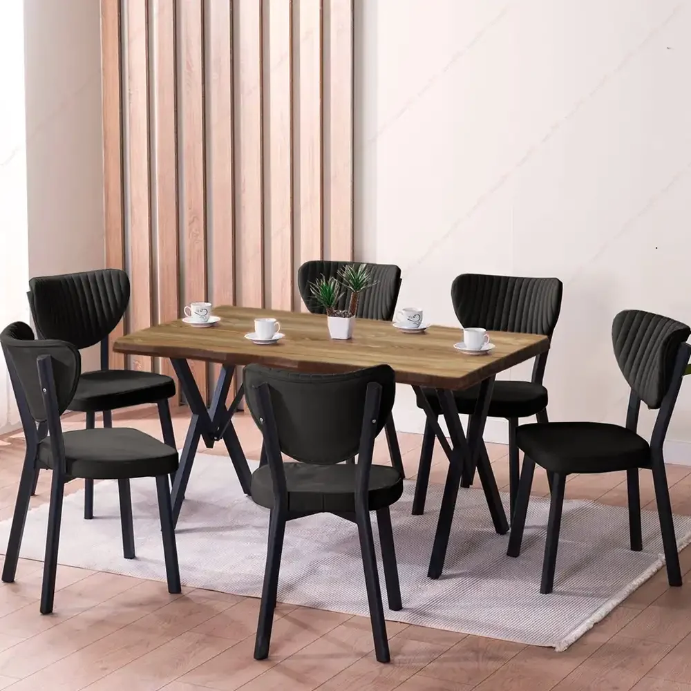 Set Masa Barton Din MDF Cu 6 Scaune Din Metal, Culaore Nuc Si Negru, 140 Cm